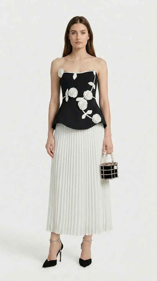 Oro - 3D Floral Peplum & Pleated Maxi Dress Black