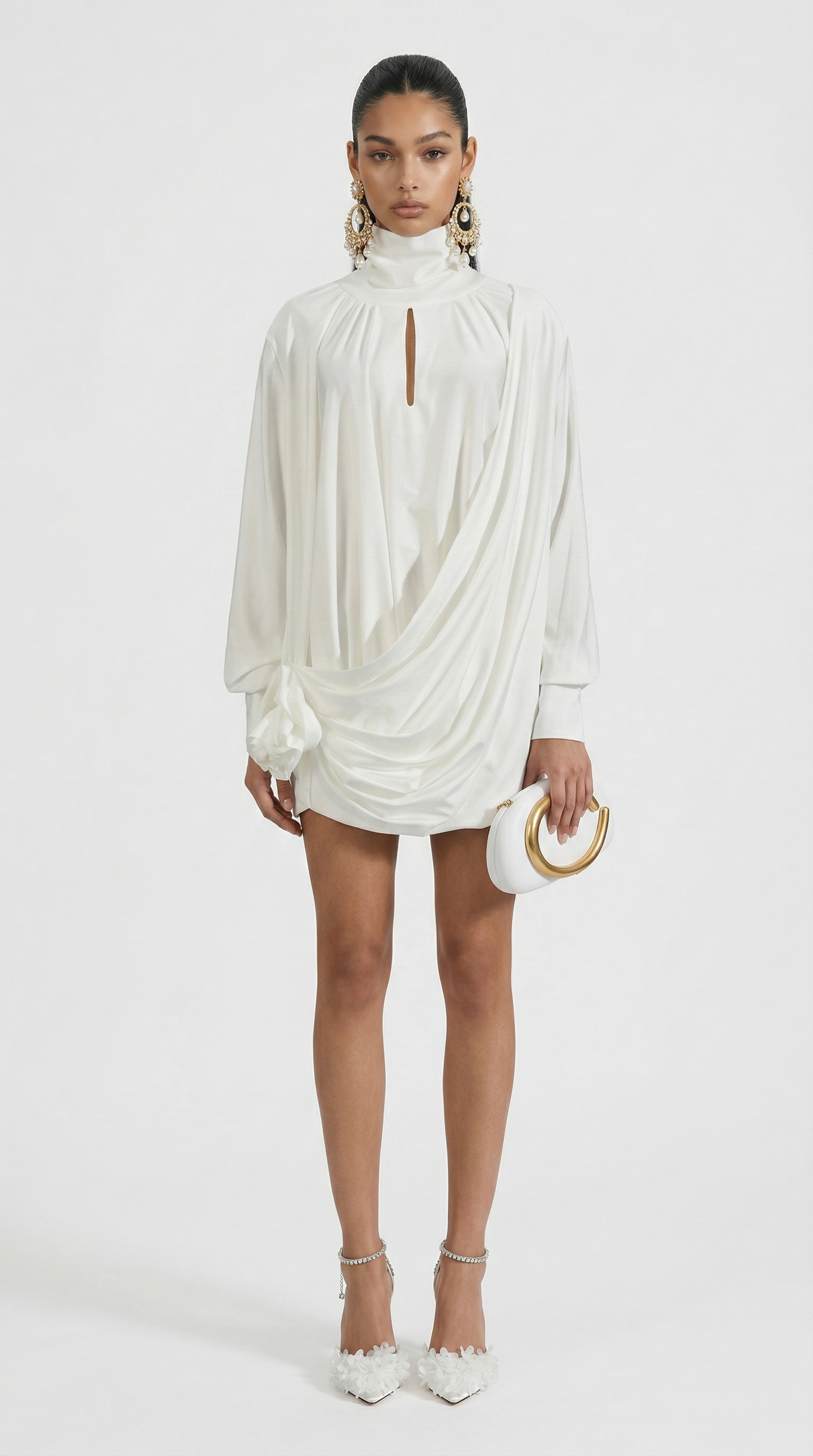 Vesa - Draped High-Neck Mini Dress with Rose Detail