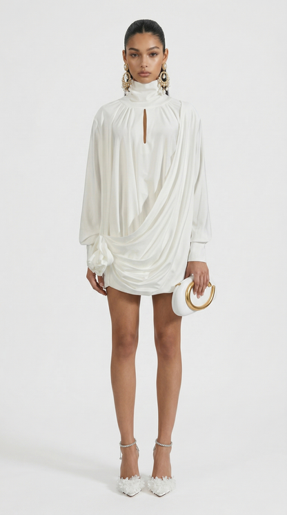 Vesa - Draped High-Neck Mini Dress with Rose Detail