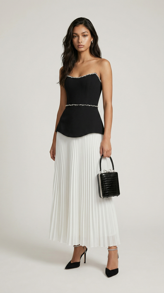 Bali - Pearl-Trimmed Peplum & Pleated Maxi Dress