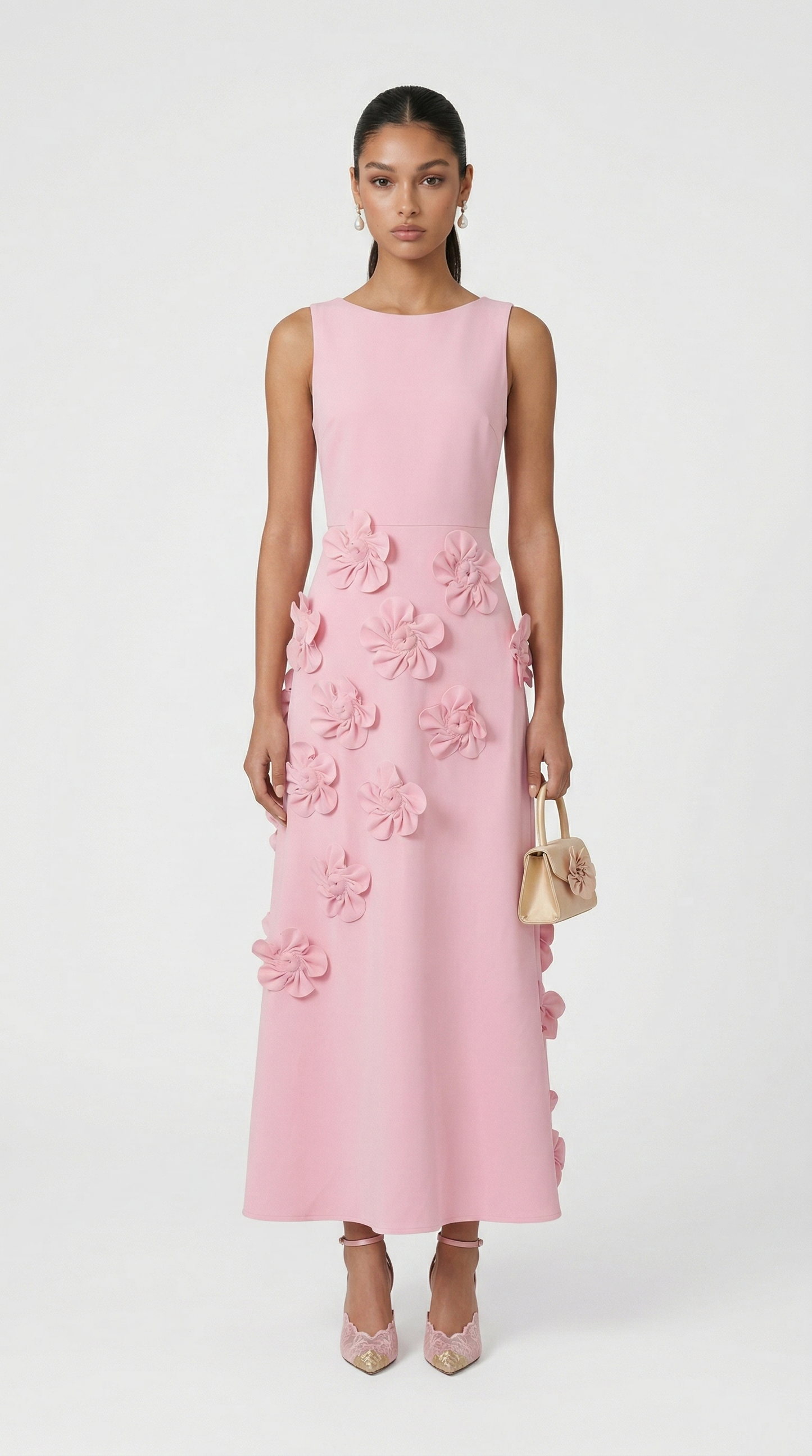 Dotta - 3D Floral Appliqué Sleeveless Maxi Dress Pink