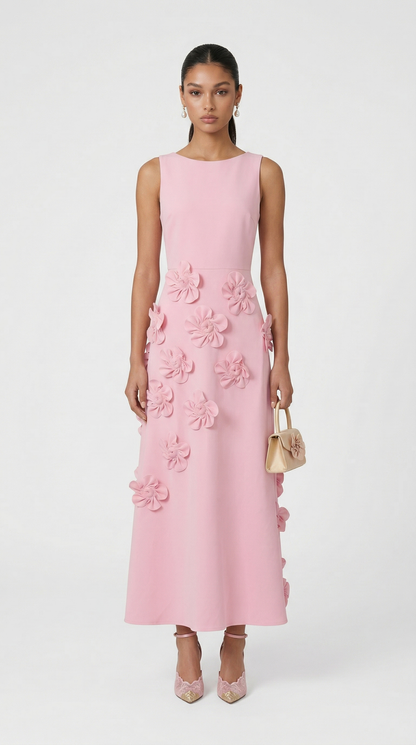 Dotta - 3D Floral Appliqué Sleeveless Maxi Dress Pink