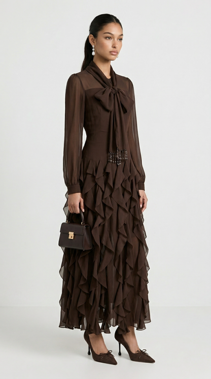 Zola - Tiered Ruffle Pussy-Bow Maxi Dress Brown