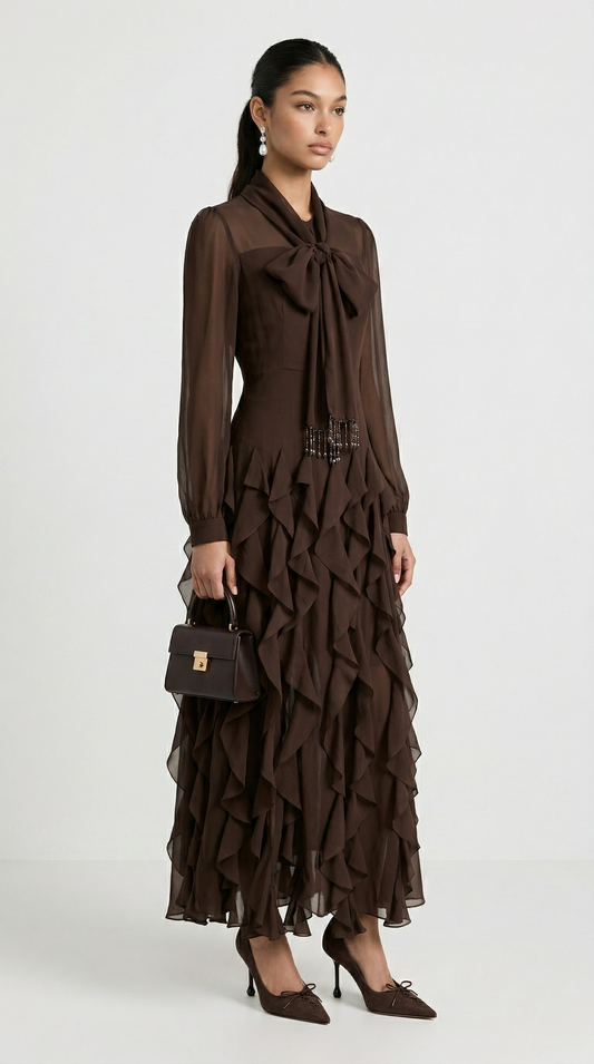 Zola - Tiered Ruffle Pussy-Bow Maxi Dress Brown