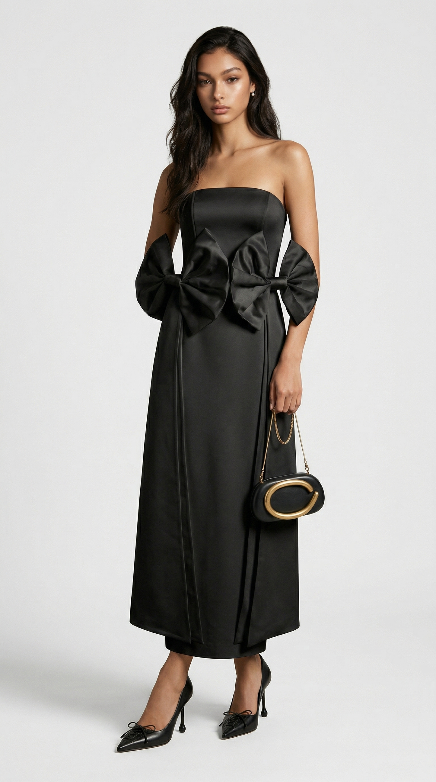 Keli - Triple-Bow Strapless Column Maxi Dress Black