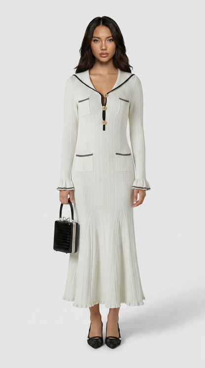 Lari - Ribbed Knit Sailor-Collar Maxi Dress White