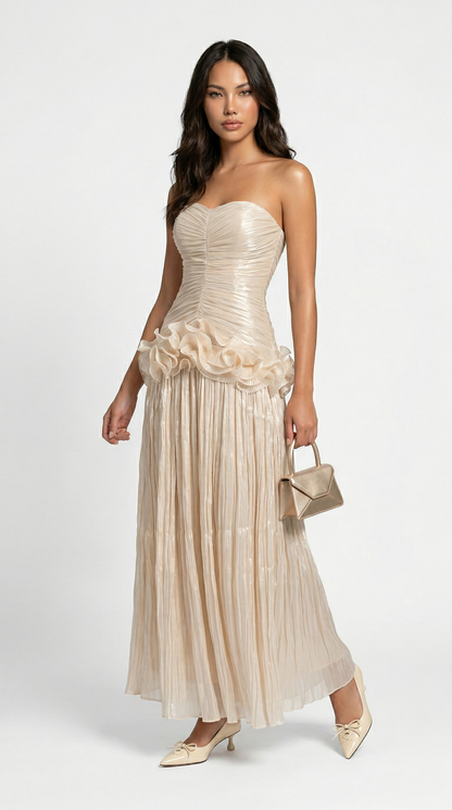 Miri - Metallic Pleated Strapless Maxi Dress Ivory