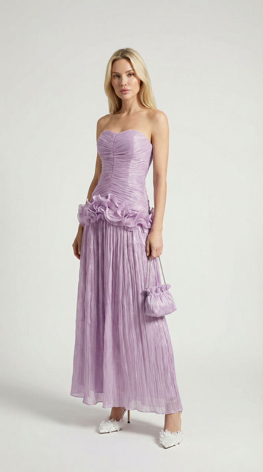 Miri - Metallic Pleated Strapless Maxi Dress Purple