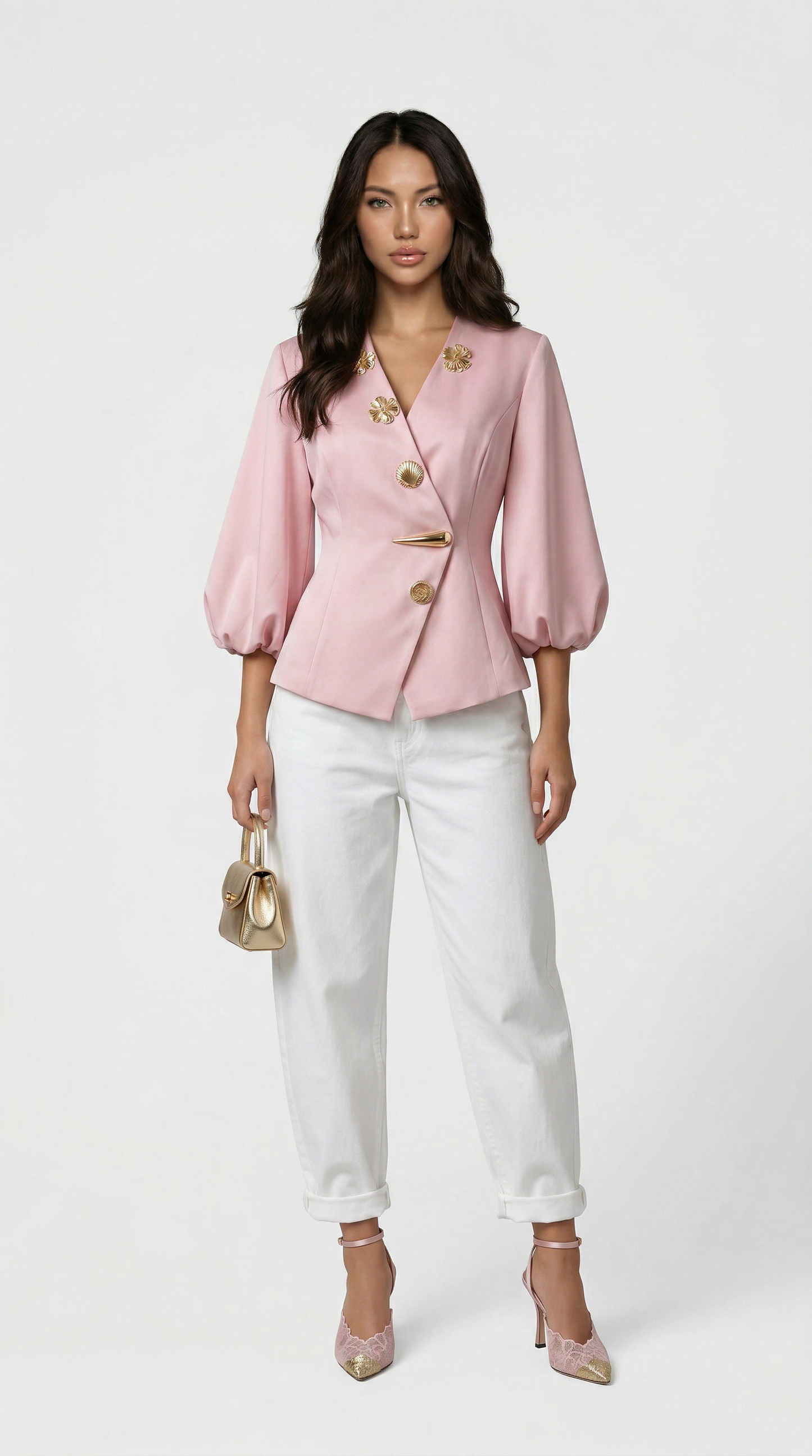 Keni - Metal-Button Puff-Sleeve Top Pink