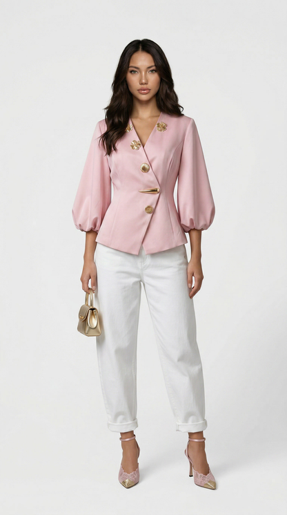 Keni - Metal-Button Puff-Sleeve Top Pink