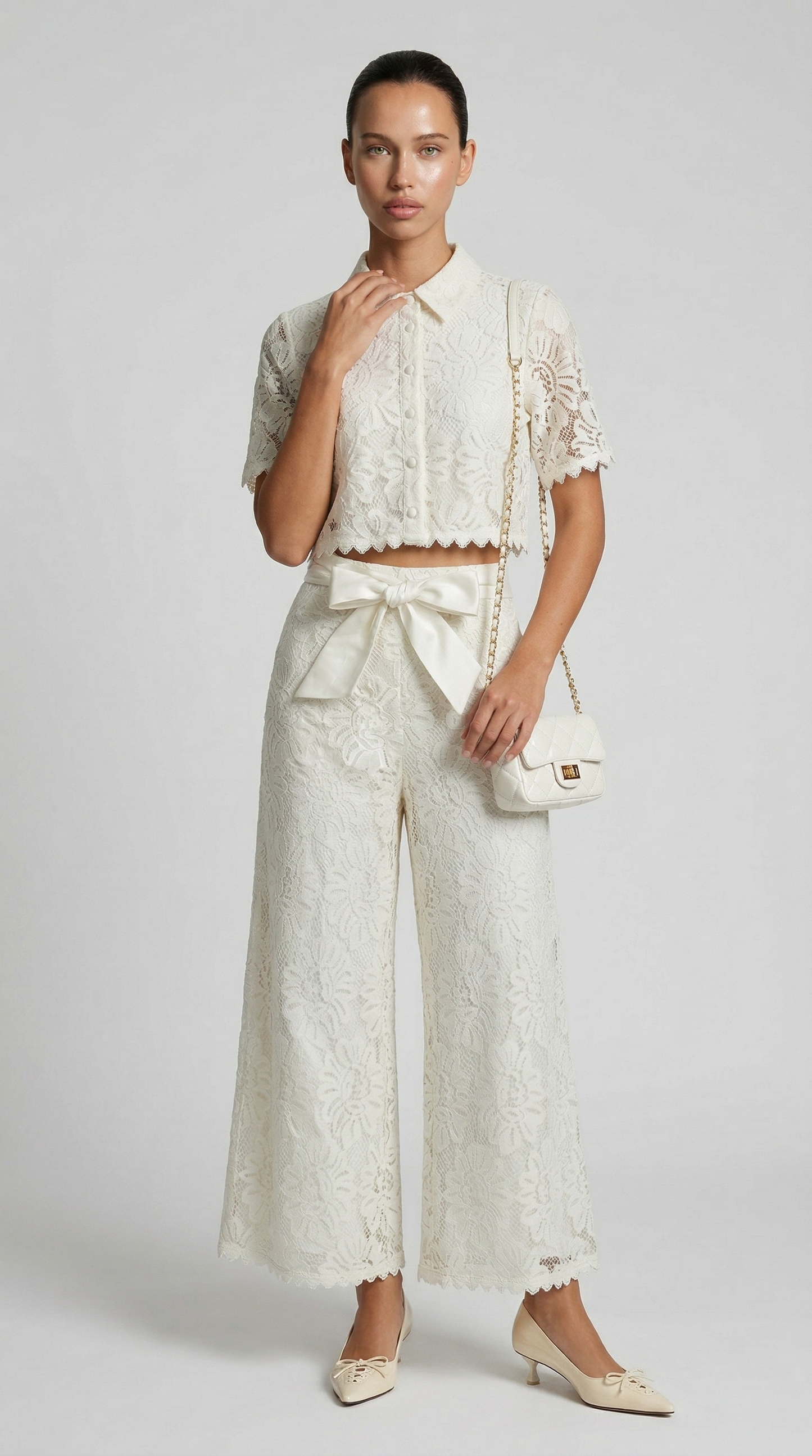 Senti - Cropped Lace Shirt & Wide-Leg Trouser Set White