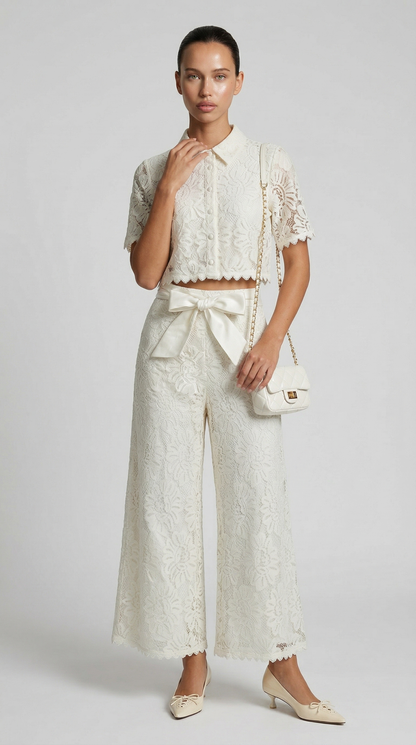 Senti - Cropped Lace Shirt & Wide-Leg Trouser Set White