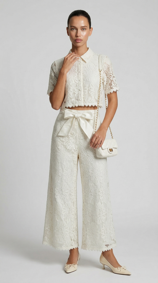 Senti - Cropped Lace Shirt & Wide-Leg Trouser Set White
