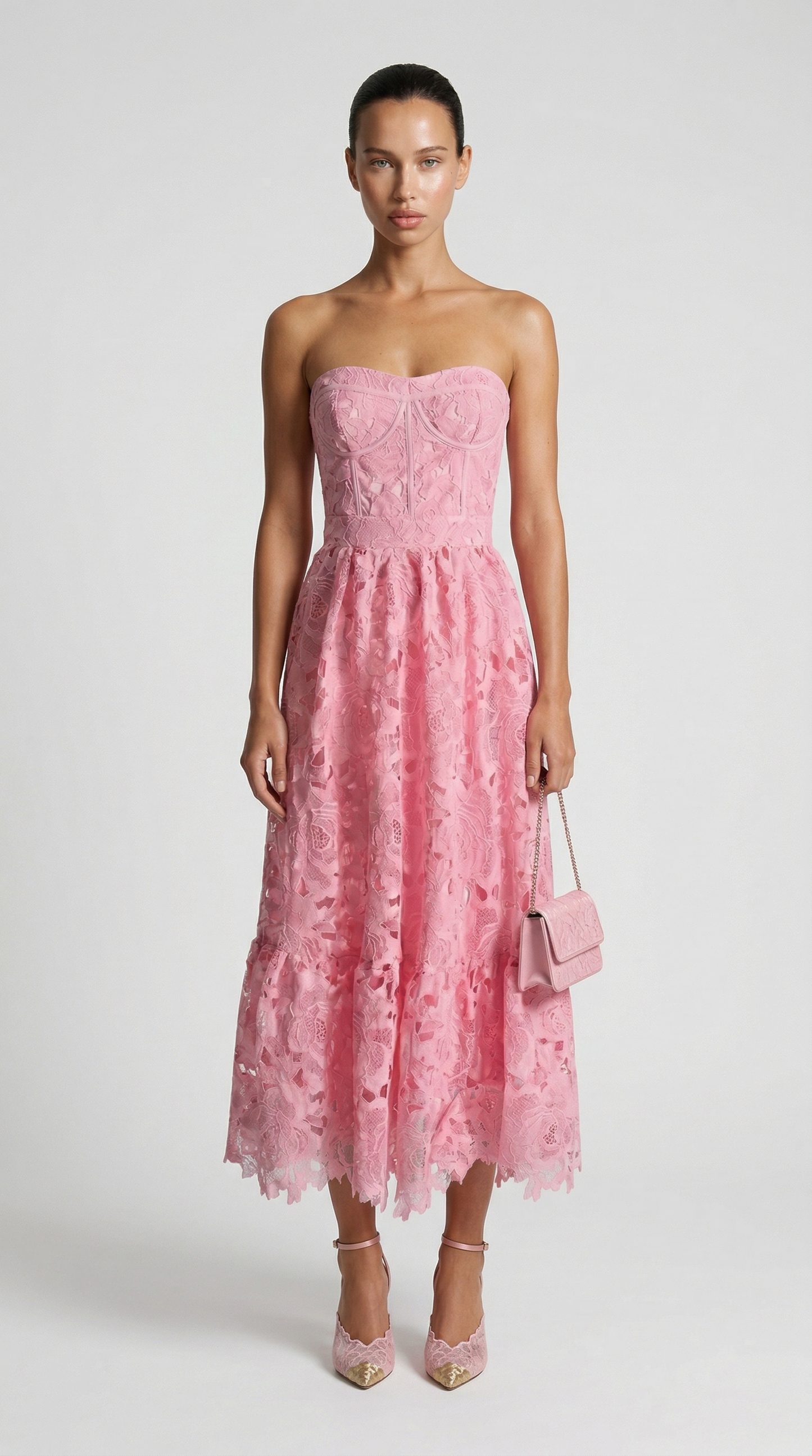 Ole - Strapless Guipure Lace Bustier Maxi Dress Pink