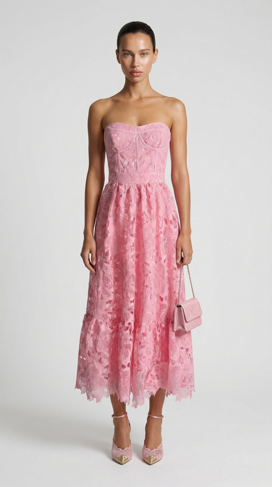 Ole - Strapless Guipure Lace Bustier Maxi Dress Pink