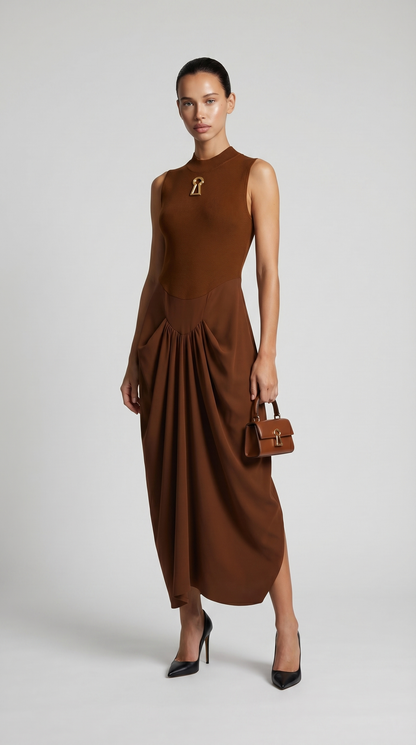 Alara - Keyhole-Detail Mixed Media Maxi Dress Brown