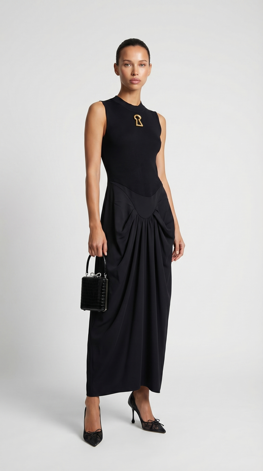 Alara - Keyhole-Detail Mixed Media Maxi Dress Black