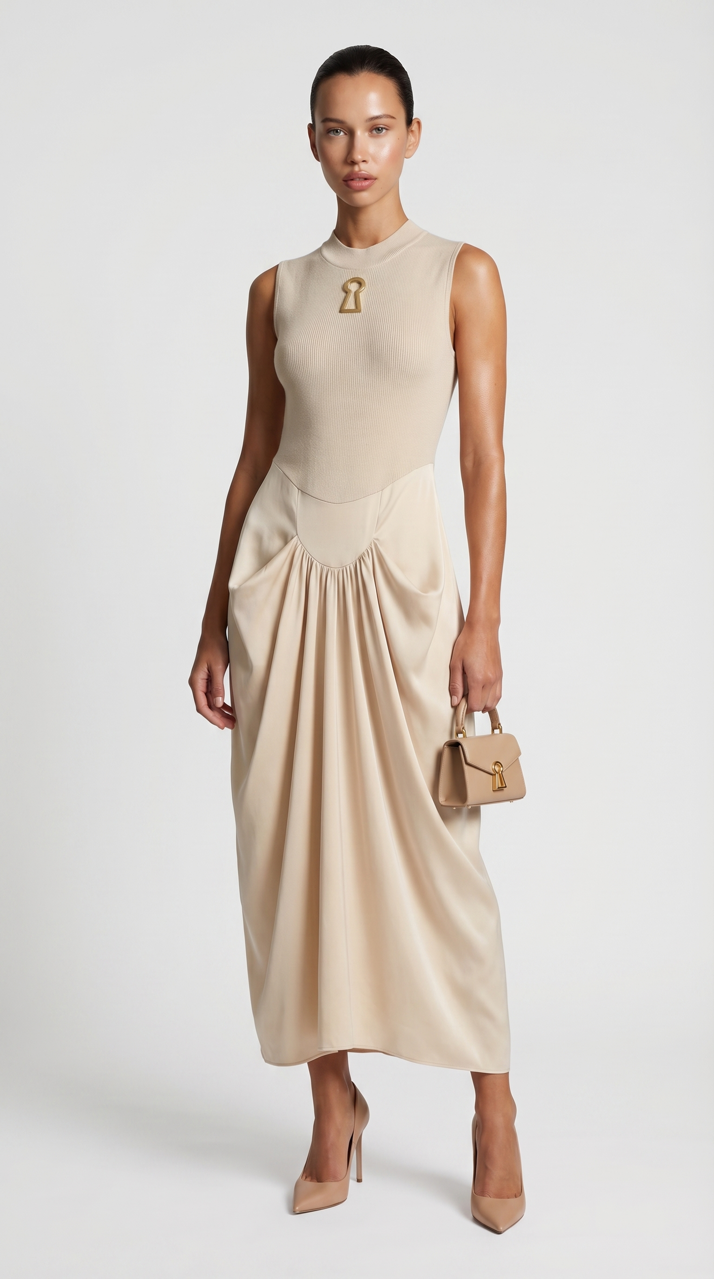 Alara - Keyhole-Detail Mixed Media Maxi Dress Beige
