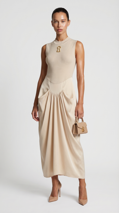 Alara - Keyhole-Detail Mixed Media Maxi Dress Beige
