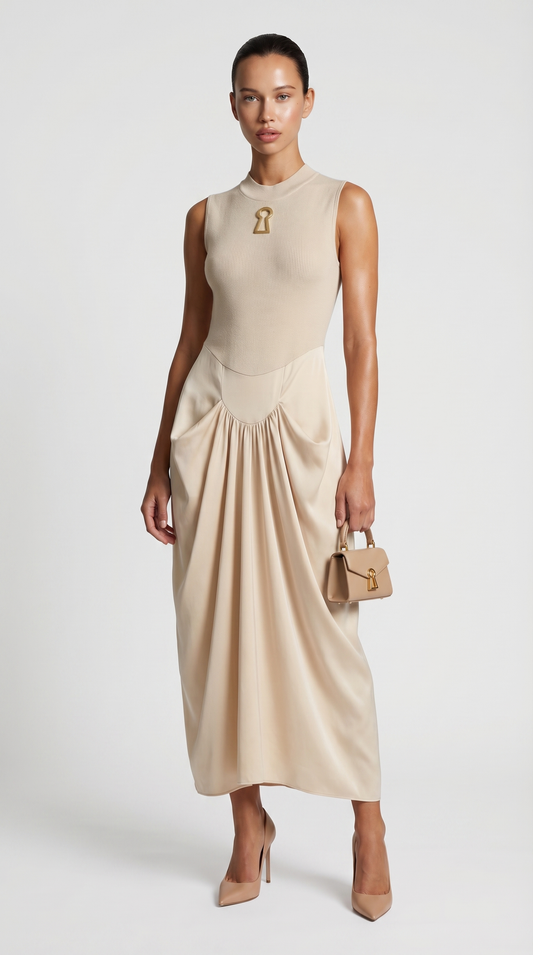 Alara - Keyhole-Detail Mixed Media Maxi Dress Beige