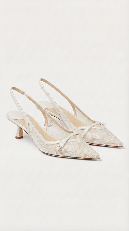 Camy - Lace-Paneled Pearl Slingback Kitten Heel White