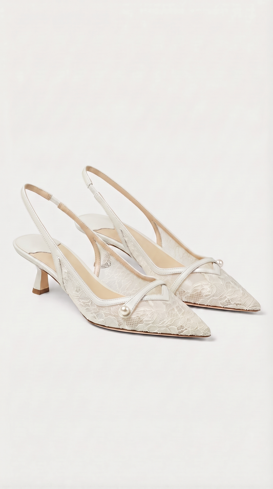 Camy - Lace-Paneled Pearl Slingback Kitten Heel White
