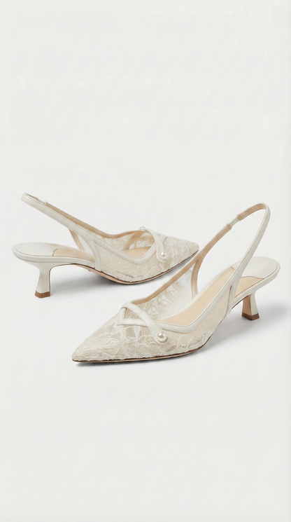 Camy - Lace-Paneled Pearl Slingback Kitten Heel White
