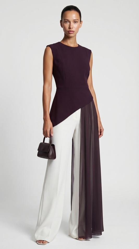 Mara - Asymmetrical Chiffon-Draped Peplum Top Burgundy