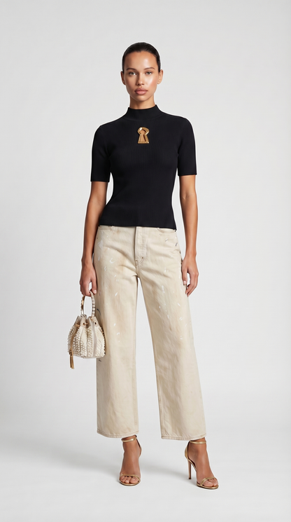 Solo - Keyhole-Detail Ribbed Knit Top Black