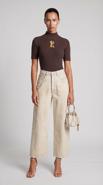 Solo - Keyhole-Detail Ribbed Knit Top Brown
