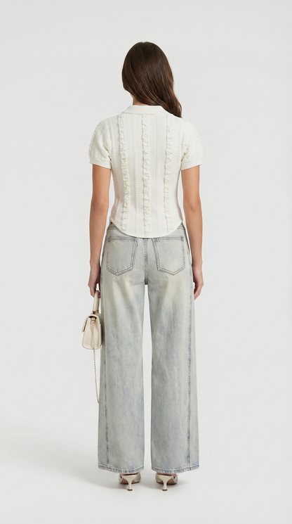 Eta - Ruffled Rib-Knit Polo Top