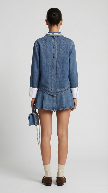 Oty - Contrast-Cuff Denim Jacket & Pleated Mini Skirt Set