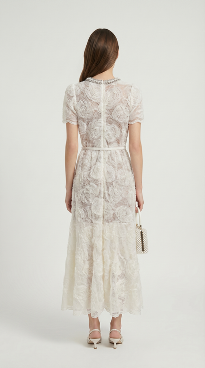 Tula - Rose Lace Maxi Dress with Crystal Neckline