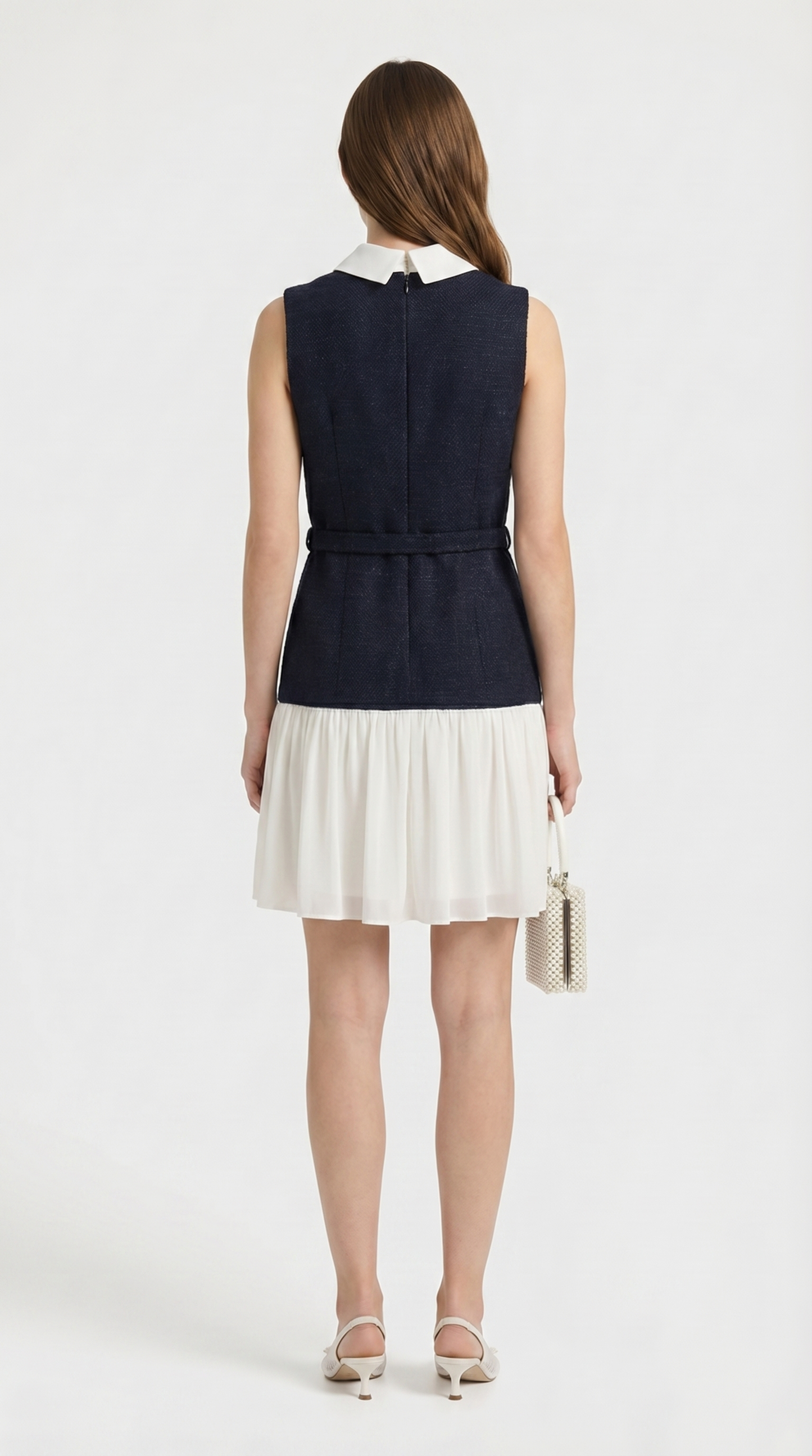 Bora - Belted Tweed & Pleated Chiffon Dress