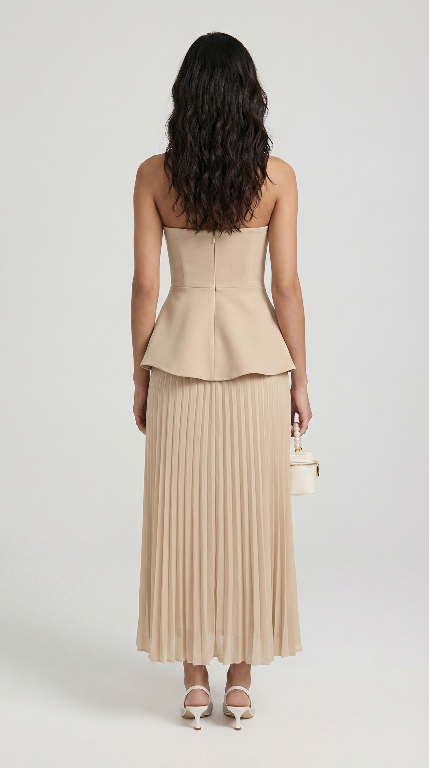 Oro - 3D Floral Peplum & Pleated Maxi Dress Beige