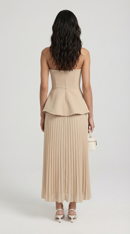 Oro - 3D Floral Peplum & Pleated Maxi Dress Beige