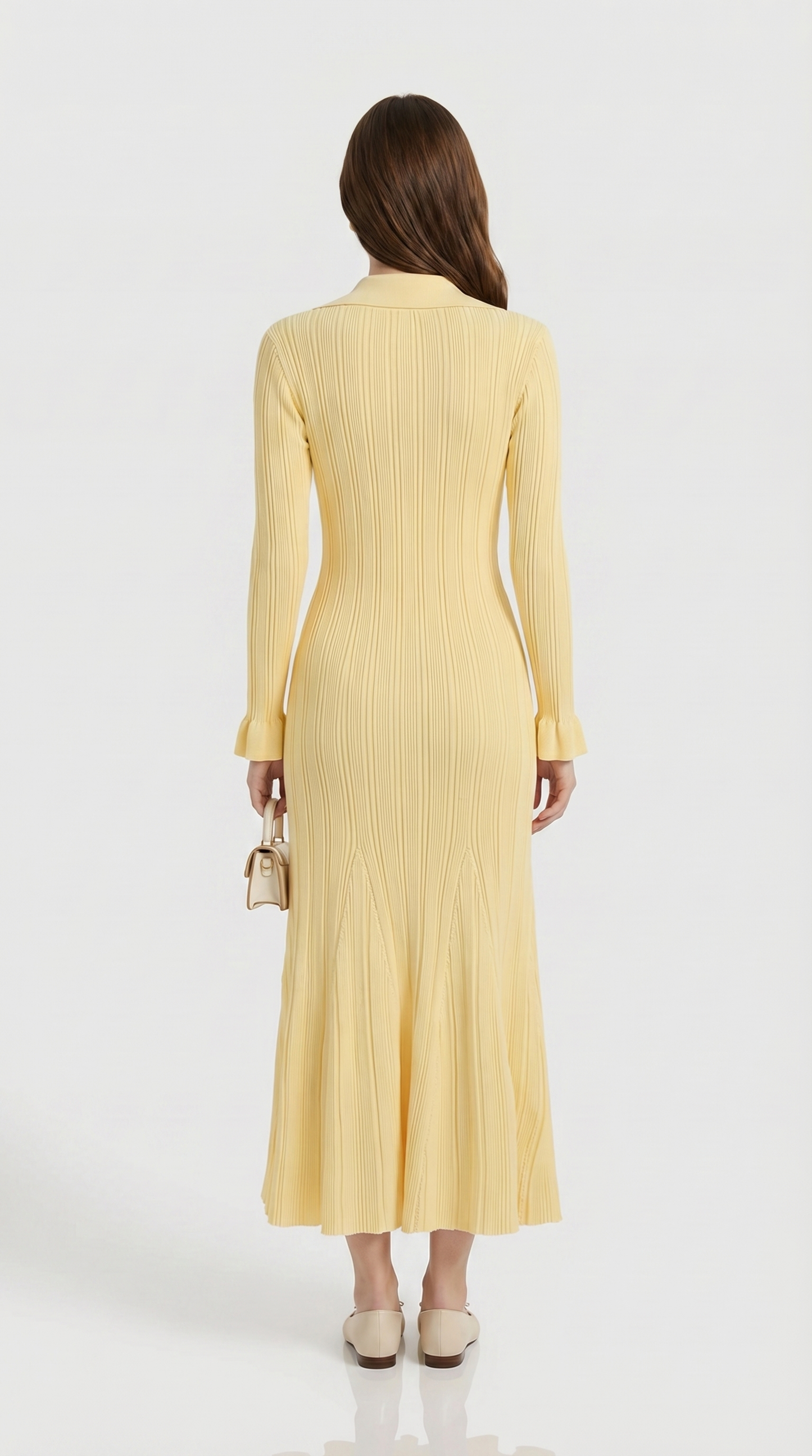 Kena - Ribbed Knit Button-Down Midi Dress Yellow