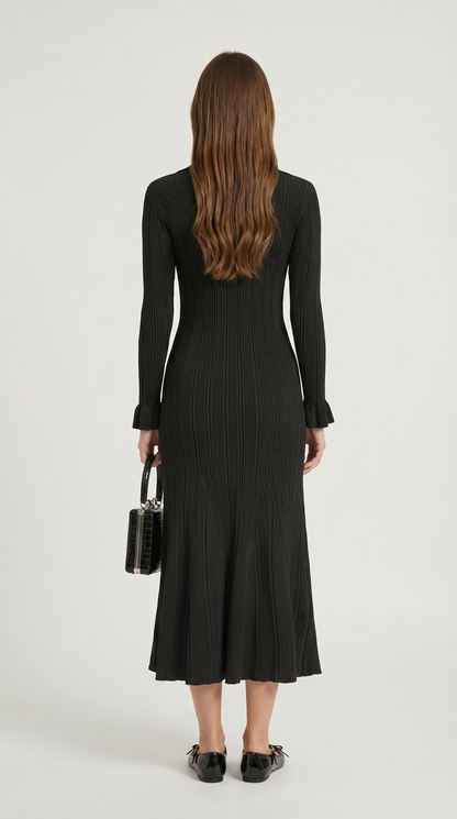 Kena - Ribbed Knit Button-Down Midi Dress Black