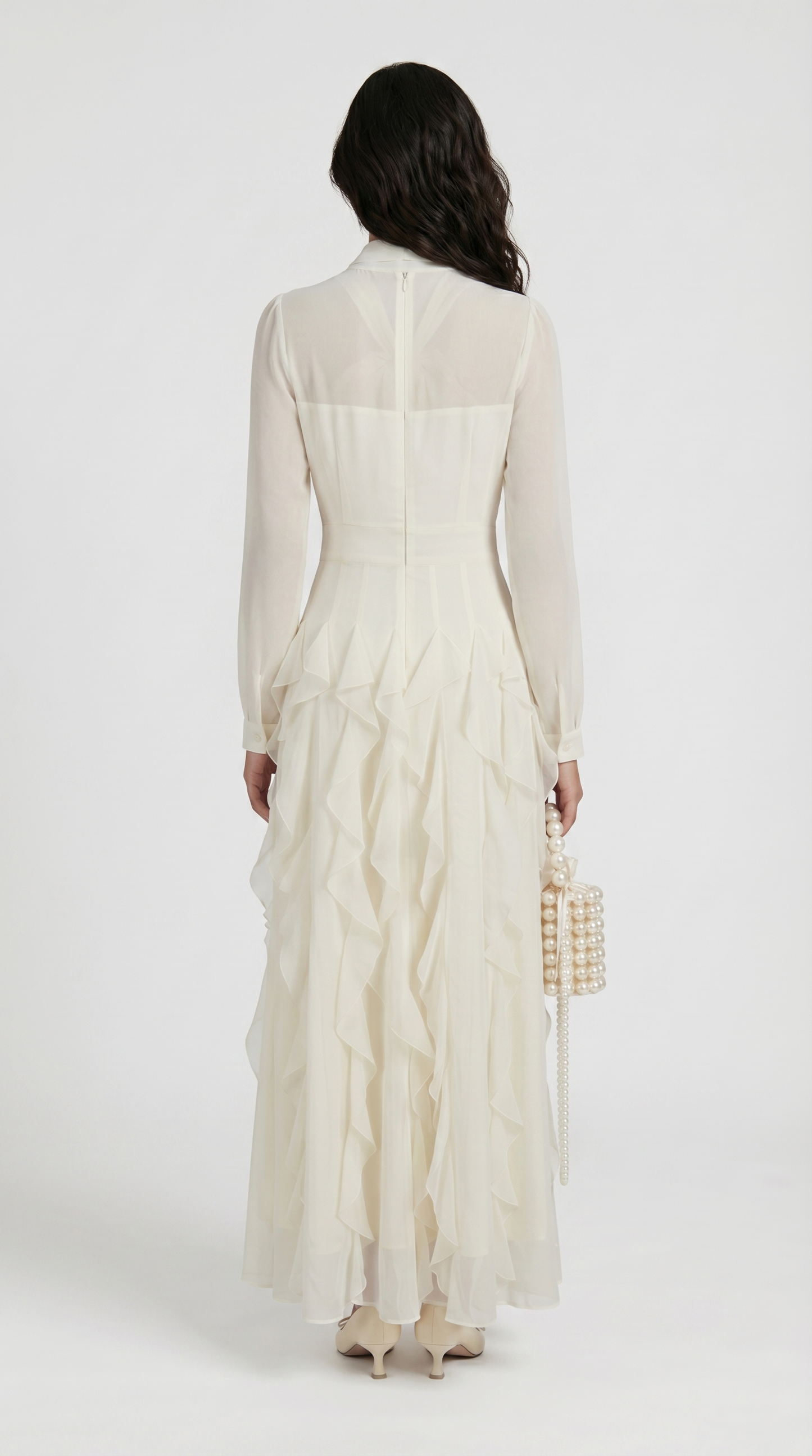 Zola - Tiered Ruffle Pussy-Bow Maxi Dress White