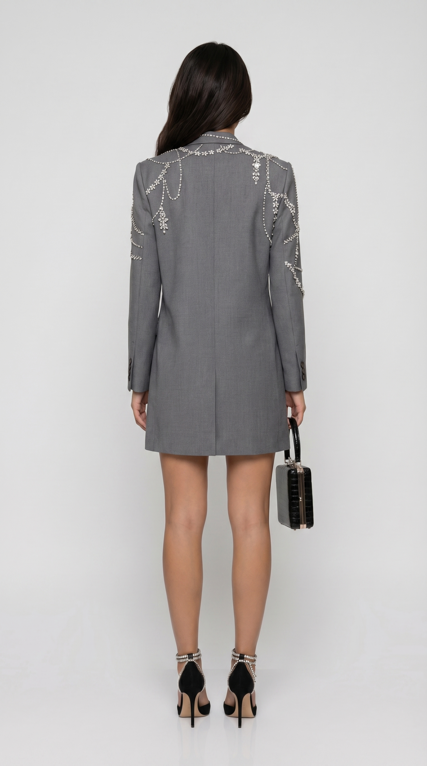 Veno - Crystal-Draped Double-Breasted Blazer Dress Grey