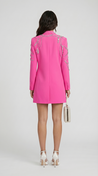 Veno - Crystal-Draped Double-Breasted Blazer Dress Pink