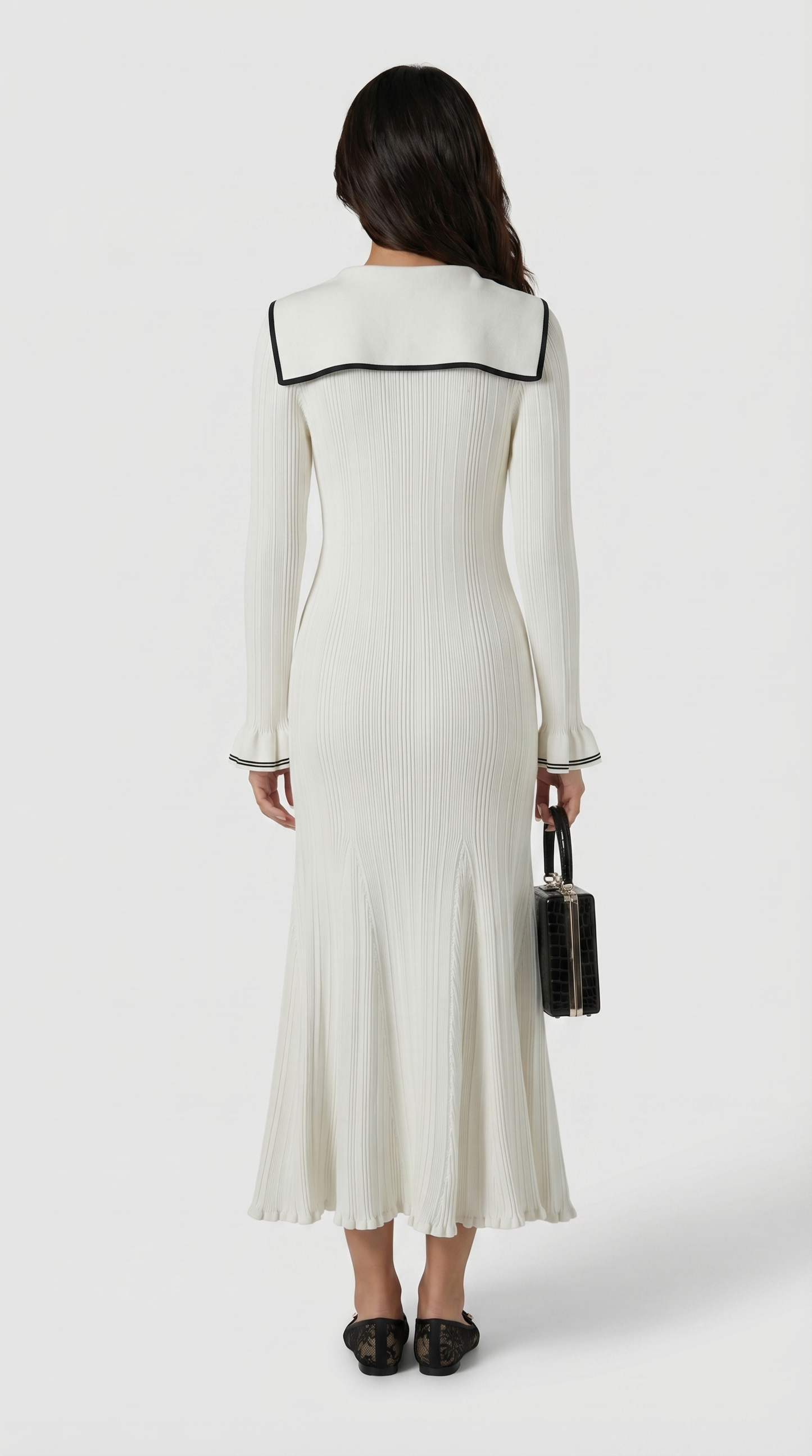 Lari - Ribbed Knit Sailor-Collar Maxi Dress White