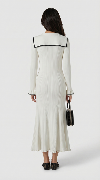 Lari - Ribbed Knit Sailor-Collar Maxi Dress White