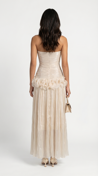 Miri - Metallic Pleated Strapless Maxi Dress Ivory