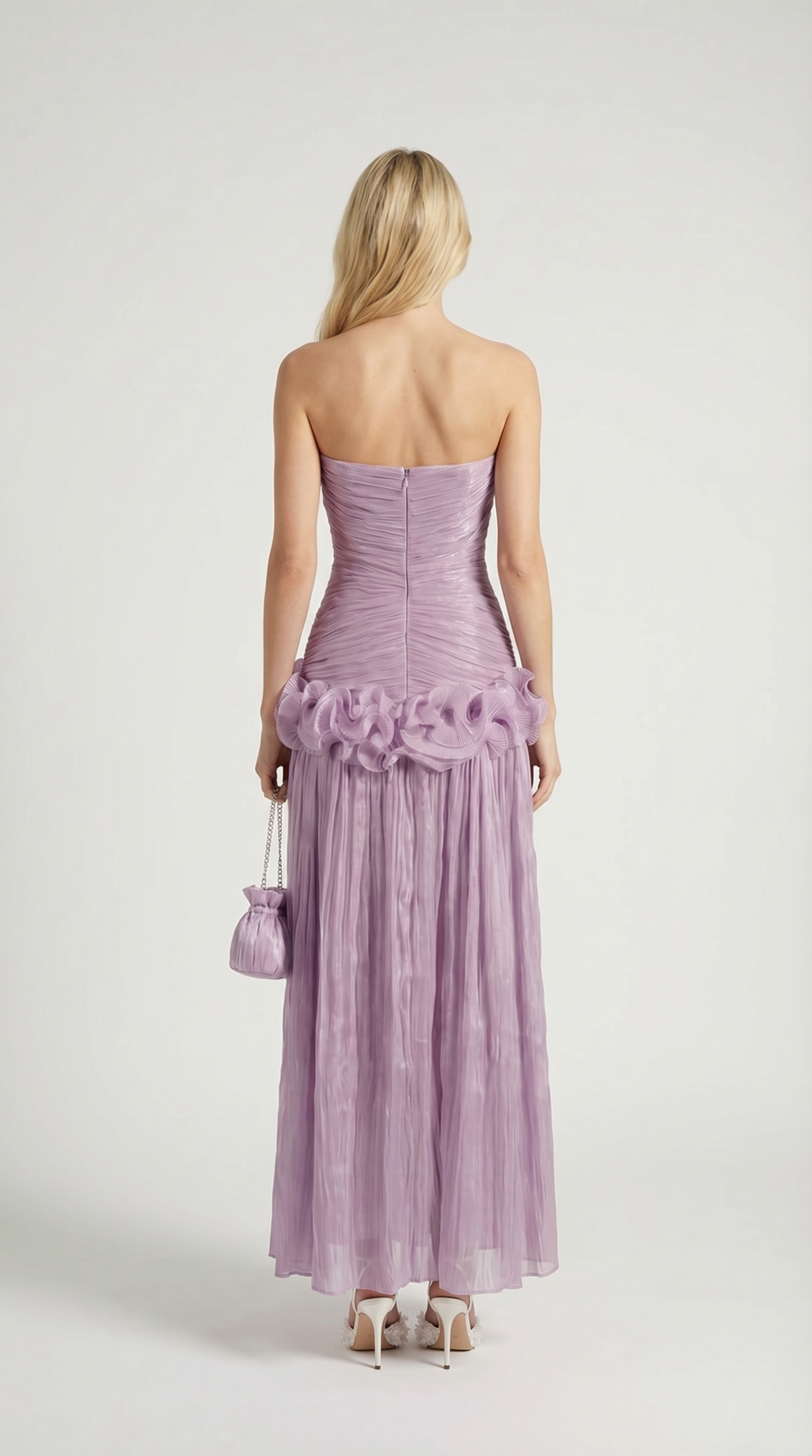 Miri - Metallic Pleated Strapless Maxi Dress Purple