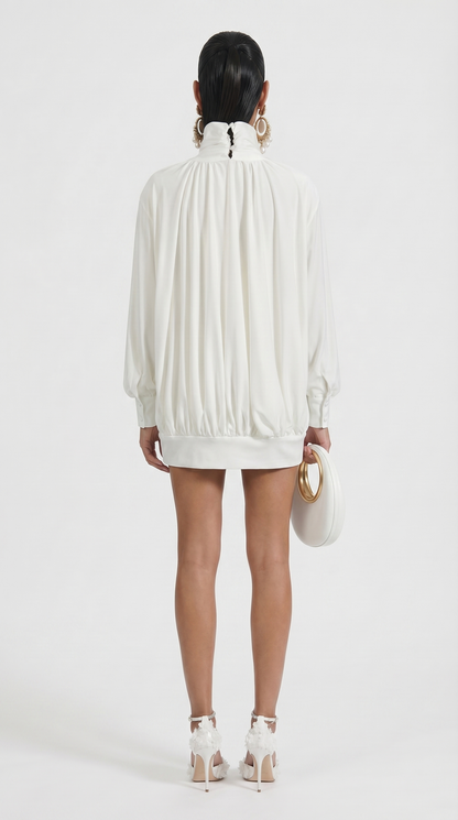 Vesa - Draped High-Neck Mini Dress with Rose Detail