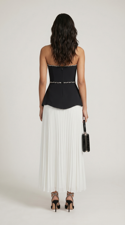 Bali - Pearl-Trimmed Peplum & Pleated Maxi Dress