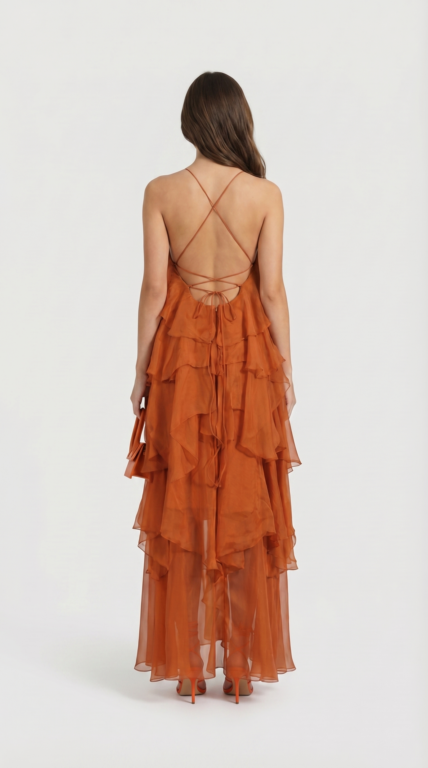 Zeli - Tiered Ruffle Halter Maxi Dress Orange
