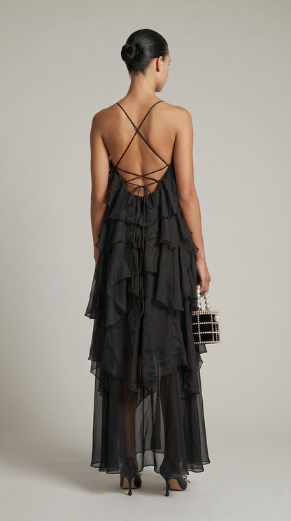 Zeli - Tiered Ruffle Halter Maxi Dress Black
