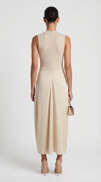 Alara - Keyhole-Detail Mixed Media Maxi Dress Beige